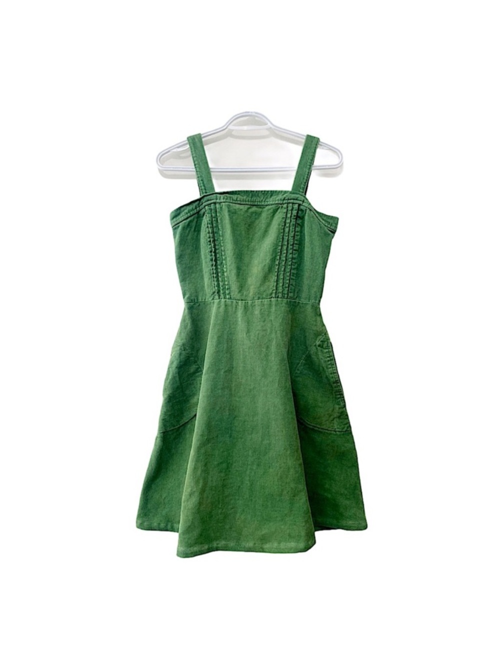 Vntage 70s Jumper Dress Green Corduroy Bib Front S